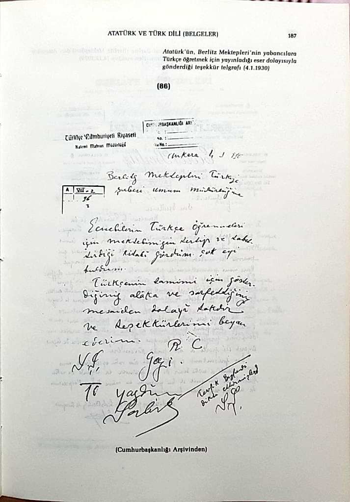 Atatürk'ün Berlitz Dil Okuluna Gönderdiği Teşekkür Mektubu