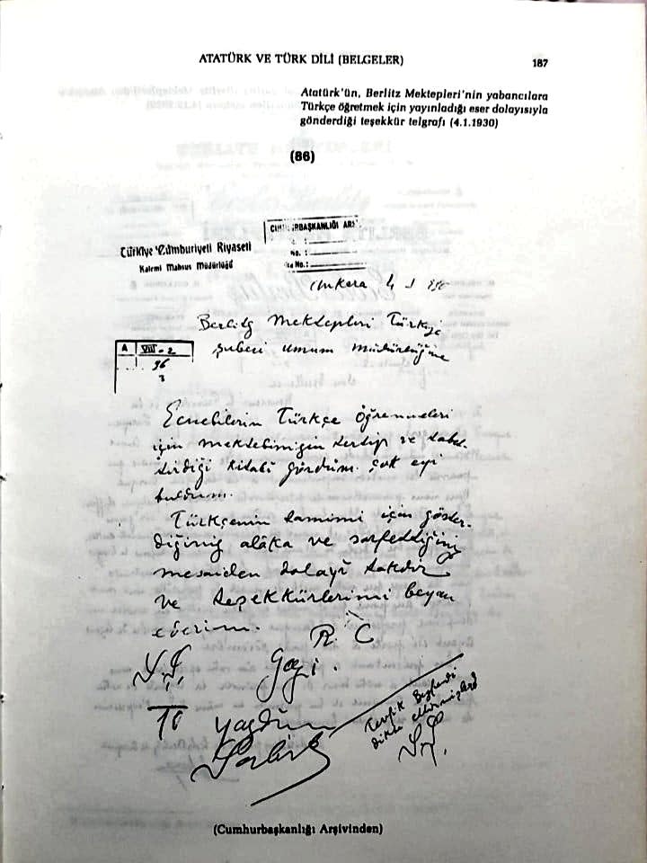 Atatürk'ün Berlitz Dil Okullarına gönderdiği teşekkür mektubu
